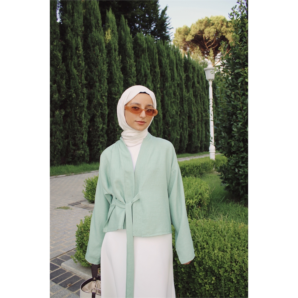 Yeşil Yandan bağlamalı mini kimono