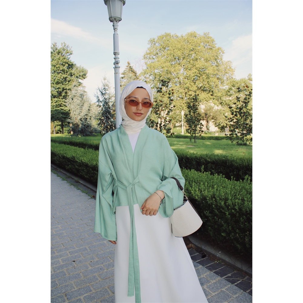 Yeşil Yandan bağlamalı mini kimono